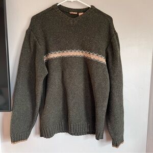 Vintage Y2K Chunky Knit Mini Vneck Sweater with Stripe Hunter Green S Oversized